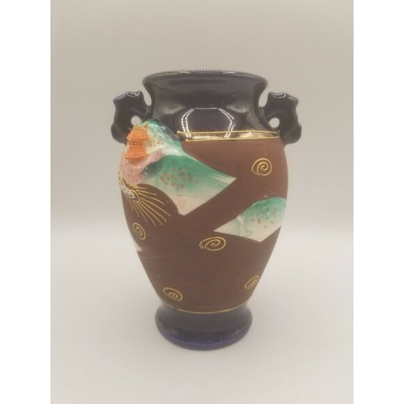 Japanese 1940's Satsuma Ware Vase w Handles Moriage Cobalt Blue Gold Gilt - Picture 3 of 10